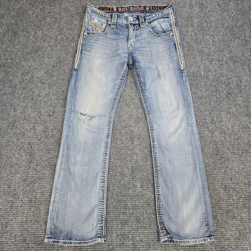 Rock Revival Owen Boot Jeans Mens 31x31 Light Wash Distressed Thick Stitch